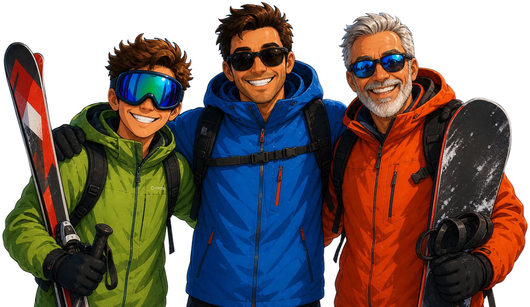 Three friends in ski gear, smiling